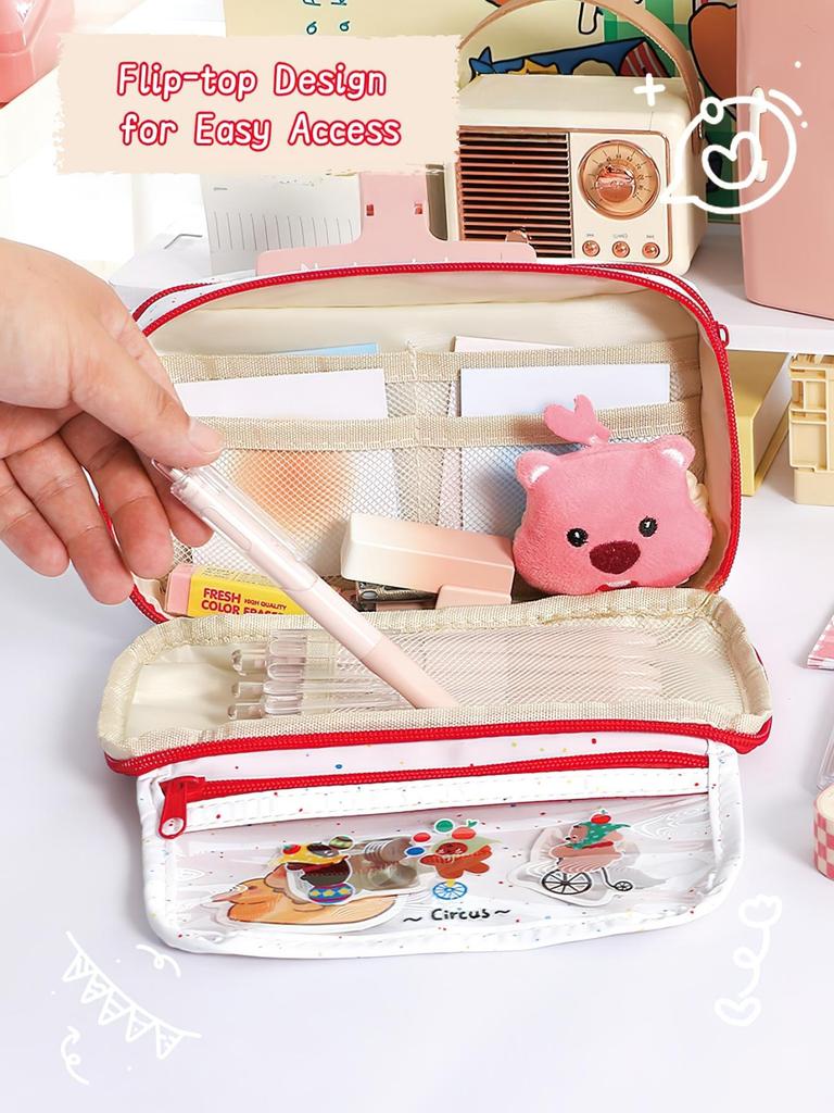 Lovely Circus Flip Pencil Case Pen Bag Minimalist Cartoon Animal Dalmatlans Croissant Multi-Layer Stationery Pouch