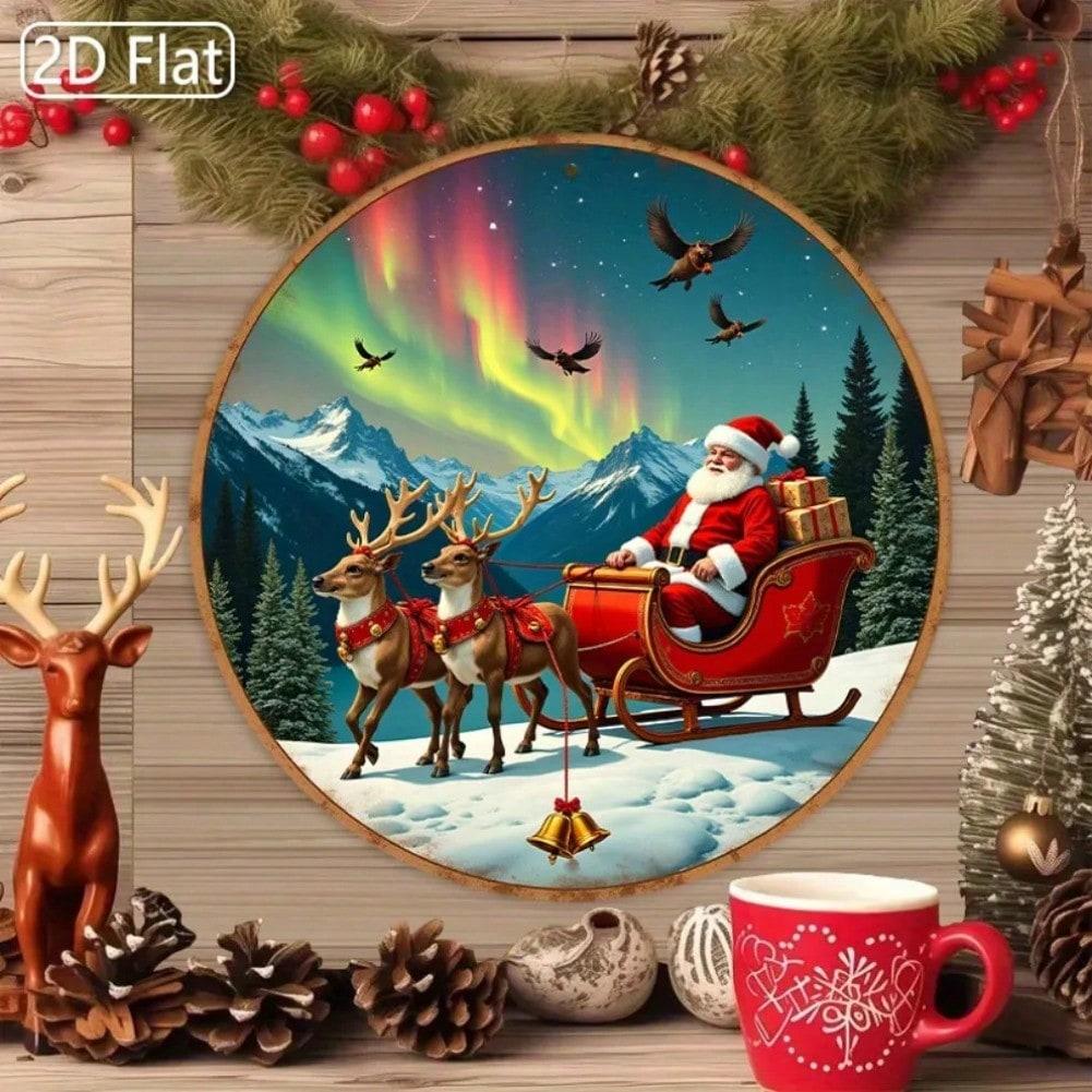 

Vintage Santa Sleigh Metal Wall Art Round Aluminum Deer Christmas Decoration Home Kitchen 20x20 різнокольоровий