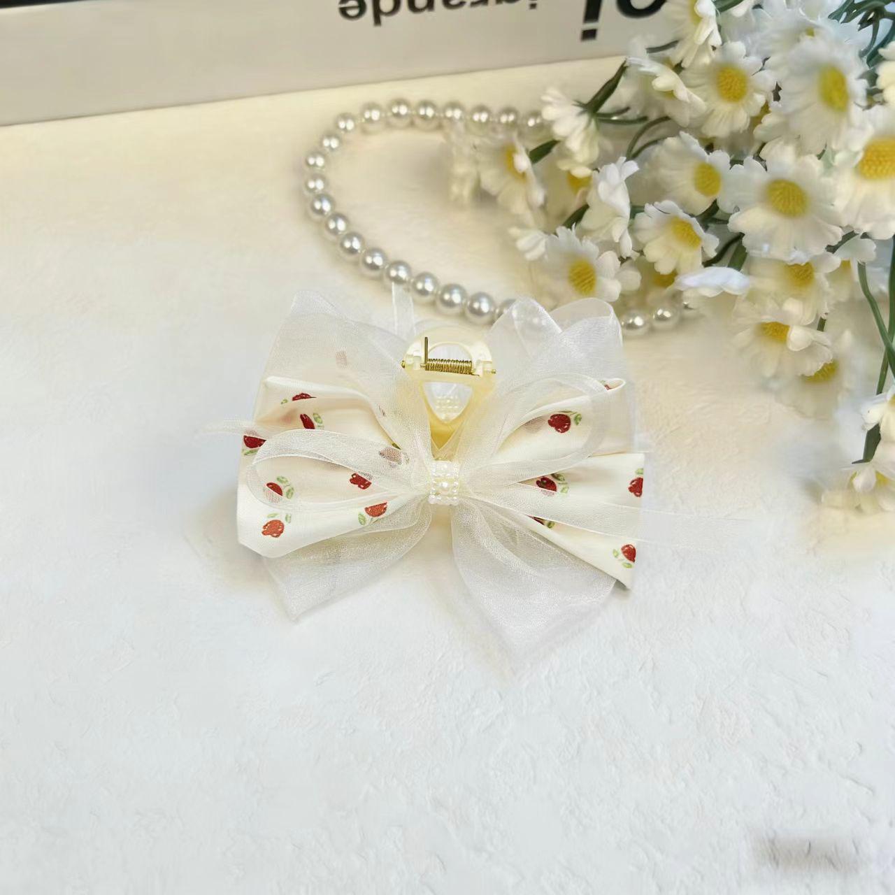 Elegant Floral Fabric Bow Claw Clip for Ponytails - 13CM Hair Accessory