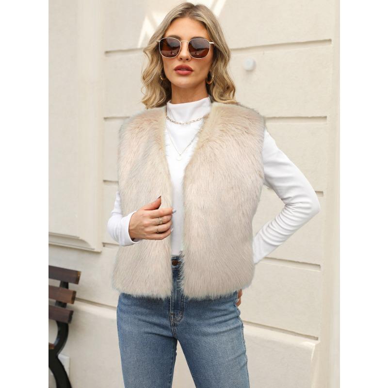 Women's Striped Faux Fur Vest Sleeveless Open-Front Warm Waistcoat