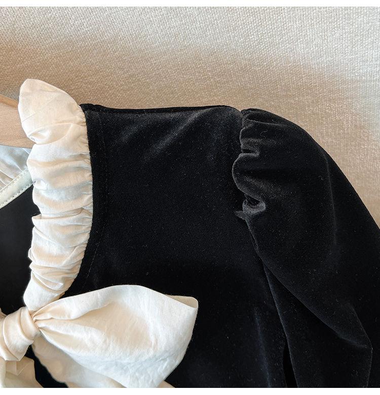 Bow Shirt for Women In Spring, Autumn, and Winter with A Sense of High-end Design, Gentle Temperament, and A Black Velvet Top with Bubble Sleeves