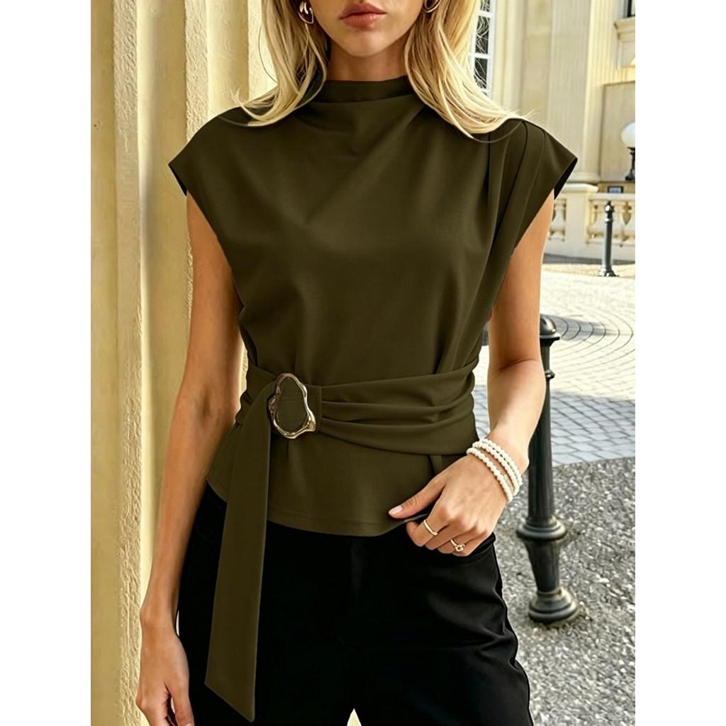 Ärmellose Bluse mit Stehkragen und Metallgürtel, Tailliertes Figurschmeichelndes Arbeits- und Pendler-Oberteil