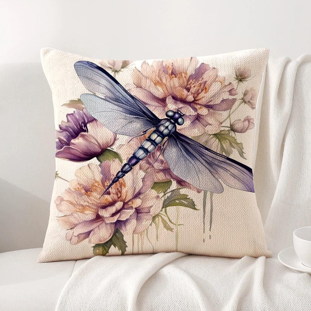 Watercolor Dragonflyflower Cushion Cover Natural Linen Organic Fabric DoubleSided Printing Sofa Home Decor Gift Pillow Cover