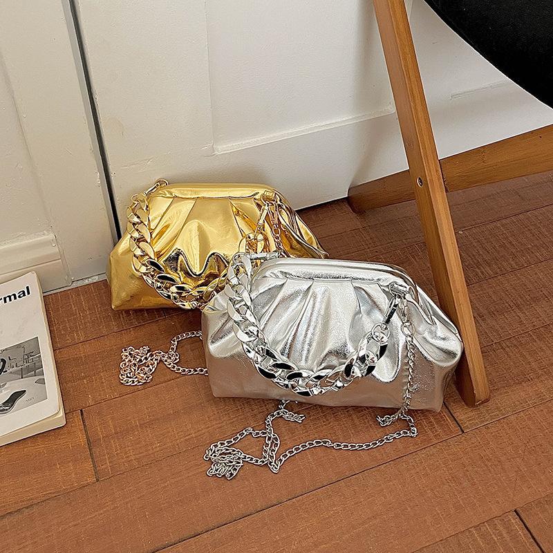 Metallic Color Niche Pleated Chain Single Shoulder Crossbody Women's Bag