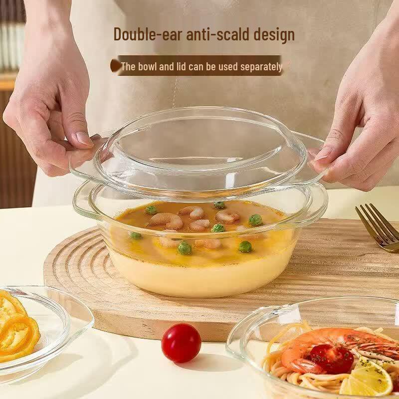 Microwave-Safe Borosilicate Glass Bowl with Lid & Double Handles