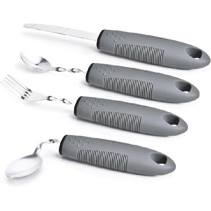 Weighted Utensils for Hand Tremors, Weighted Silverware for Parkinsons Patients Arthritic Hands, Built Up Utensils for Adults, Adaptive Eating Grey-bendable Utensils
