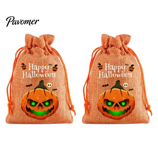 Trick or Treat Party Souvenirs 2Pcs Halloween Pumpkin Drawstring Bags for Candy Treats, Retro Burlap Rustic Linen Goodie Bags, Portable Kids