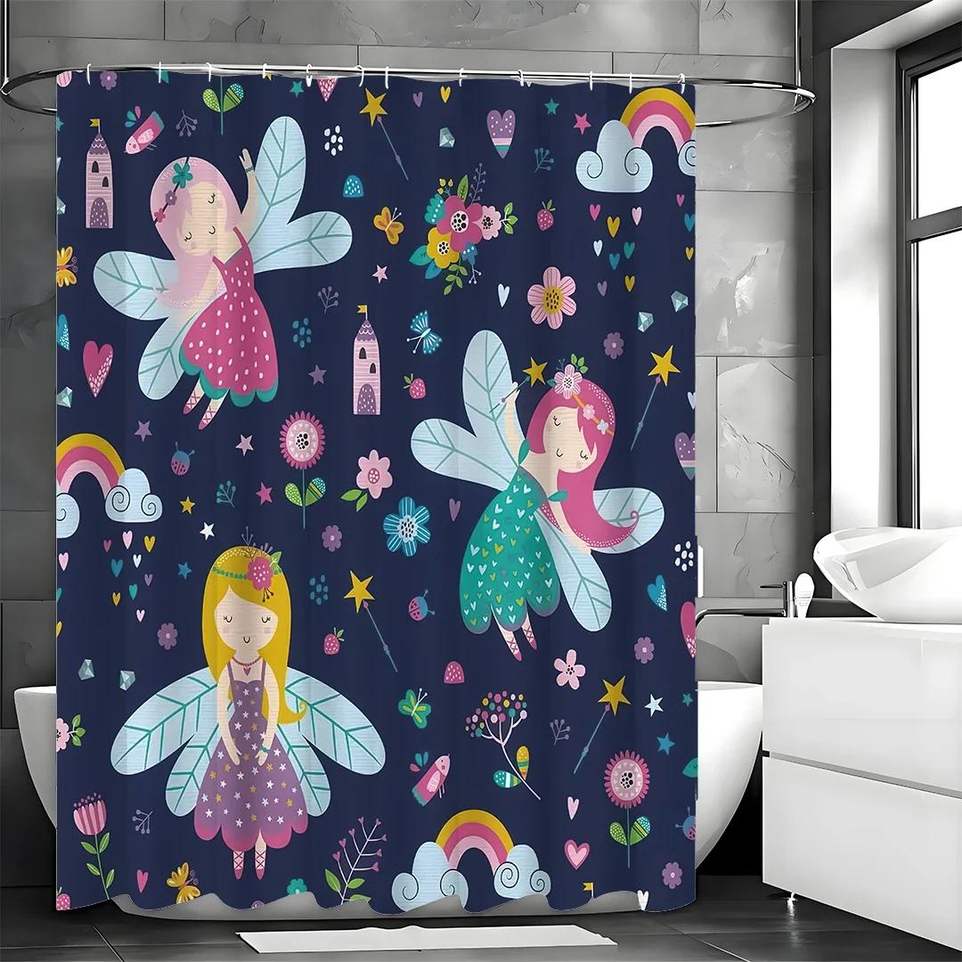 Pixie Floral Star Shower Curtain, Bathroom Decorative Shower Curtain, Waterproof Shower Curtain with Hooks W90xH180cm