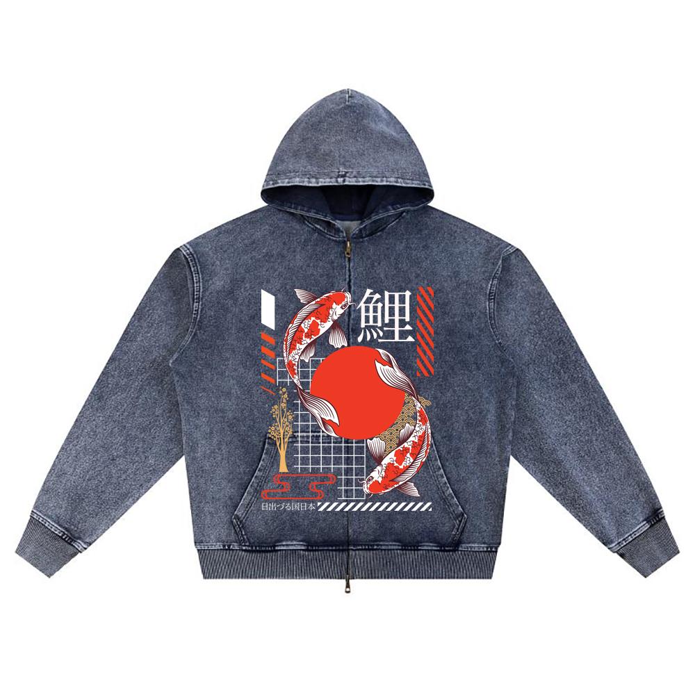 DTG Print Knitted Denim Zip-Up Hoodie Japanese_streetwear 3 Brother Print Zipper Hoodies  
