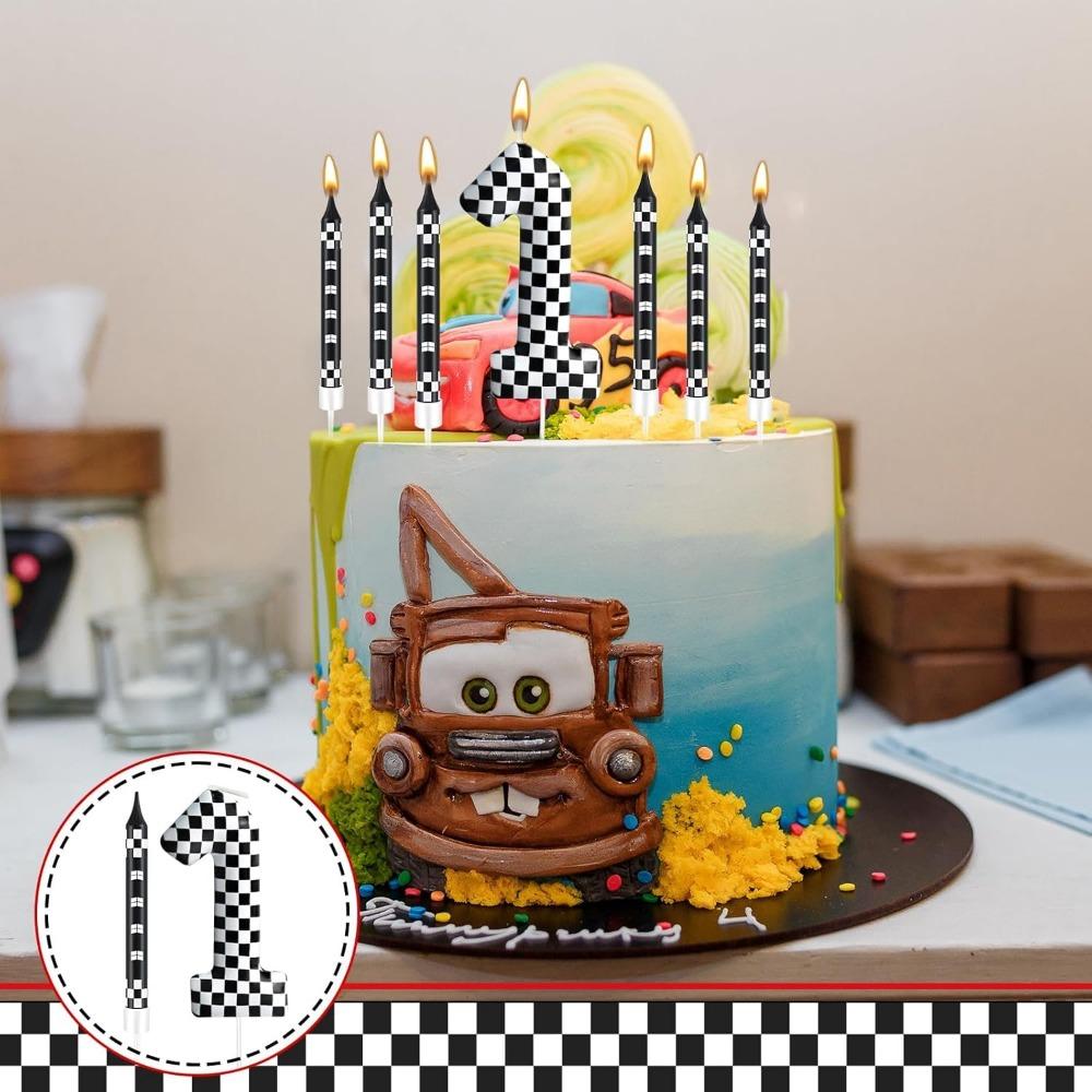 1/6/12/13 Pcs Racing Cars Themed Birthday Candles Black and White Race Number Checkered Candle Cake Topper for Racing Car Party