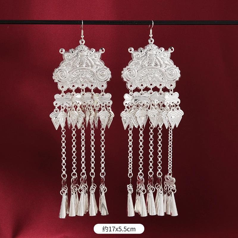 

Серьги с кисточками мяо для меньшинств Длинные многослойные преувеличенные серьги с серебряной отделкой мяо для танцевальных выступлений Женские