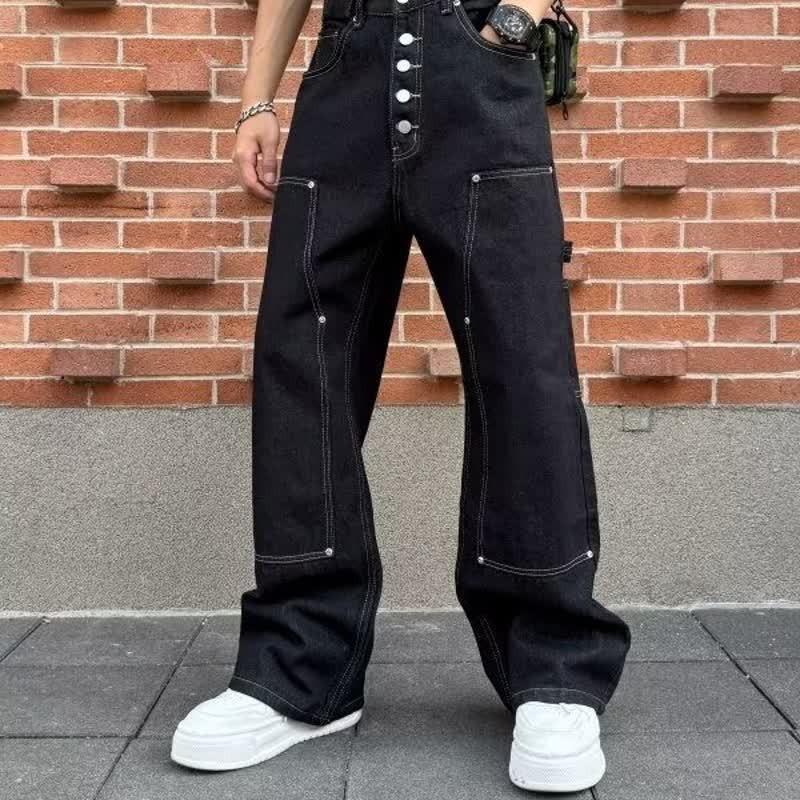 Mens Black Relaxed Fit Straight Leg