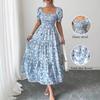 Abito estivo elegante stile pigro stampa schizzo scollo quadrato manica lunga a sbuffo ampio donna