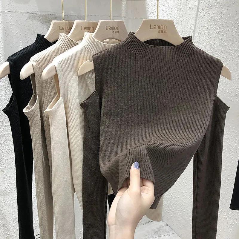 WTEMPO Fashion Off-the-shoulder Women's Pullover Tops Long-sleeve Autumn New Bottoming Knitted Shirt Mock Neck Female Sweater