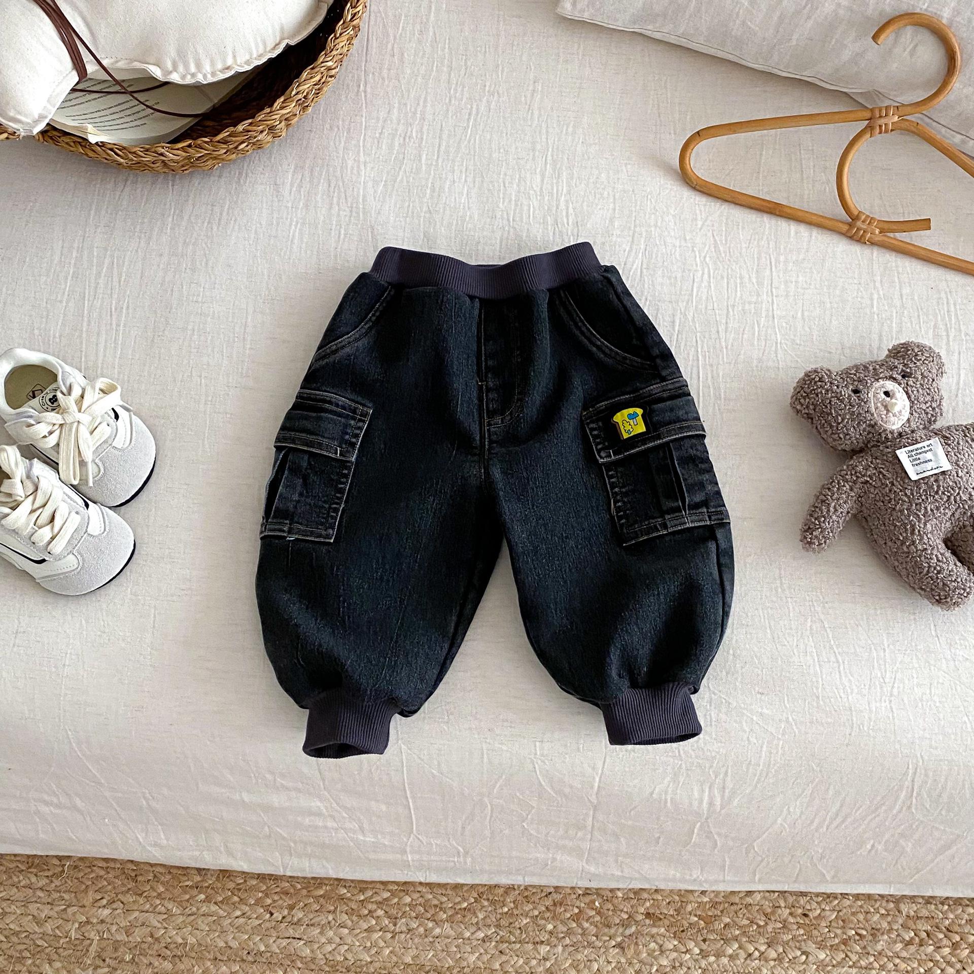 

2025 Winter Boys Thick Fleece-Lined Cargo Pants - Patchwork Denim, Korean Style 100 джинсовий/чорний