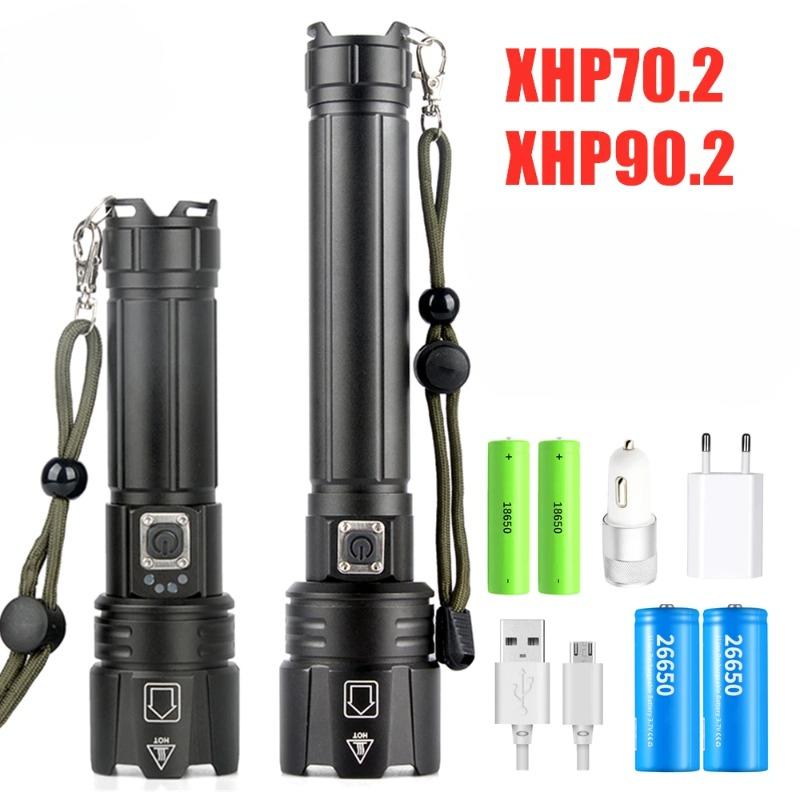 High Power XHP70 LED Flashlight Rechargeable Zoom Torch Tactical Lantern USB Charging Hand  Lamp  18650 or 26650 Battery