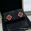 High-Version 18K Rose Gold Earrings: Four-Leaf Clover with White Mother-of-Pearl & Red Agate - Fashionable, Luxurious, INS Style.