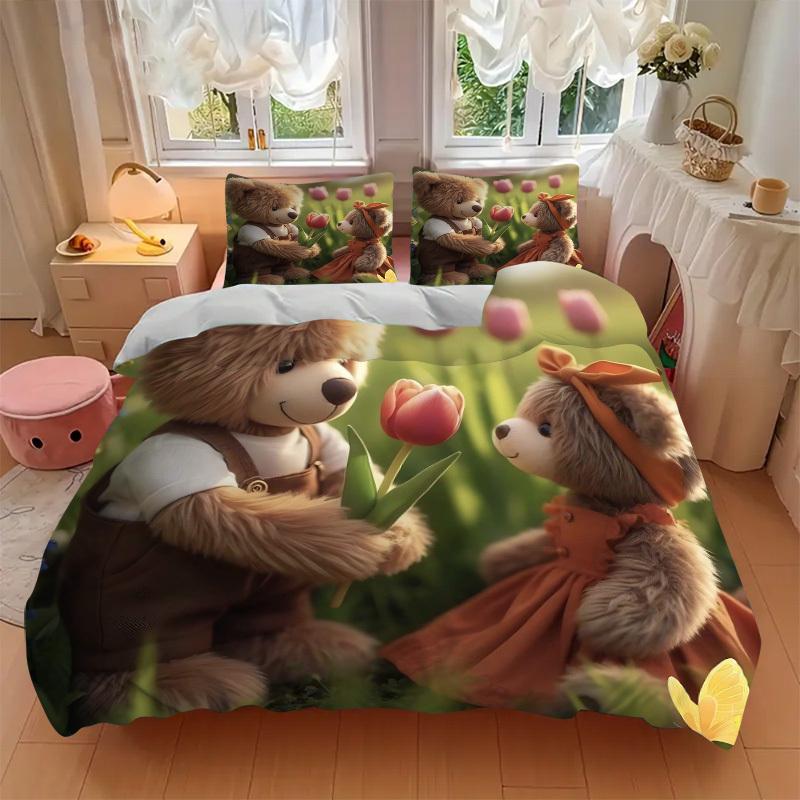 3pcs Teddy Bear Bedding Set - Includes One Quilt Cover and Two Pillowcases (No Core) - Anime Cartoon Design, Perfect for Bedroom and Guest R