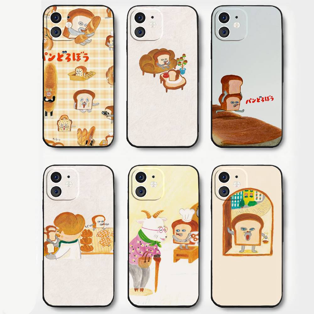 P-Picture Book Bread Phone Case For IPhone 17 Air 16 15 14 13 Pro Max 11 12 Black Silicone Cover