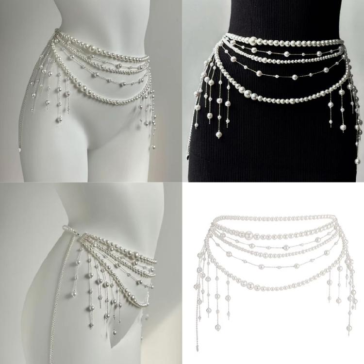 Multitier Pearls Fringe Body Chain Belt for Women Vintage 90s Costume Jewelry Waist Decoration for Evening Gowns