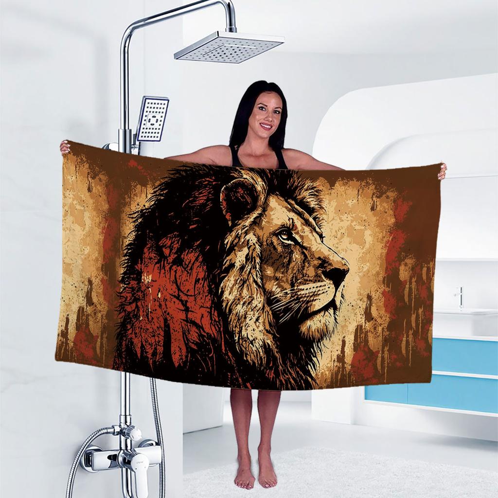 1Pc Lion Print Towel Sports Quick-Drying Super Absorbent Camping Towel Super Soft Lightweight Gym Swimming Yoga Beach Towel