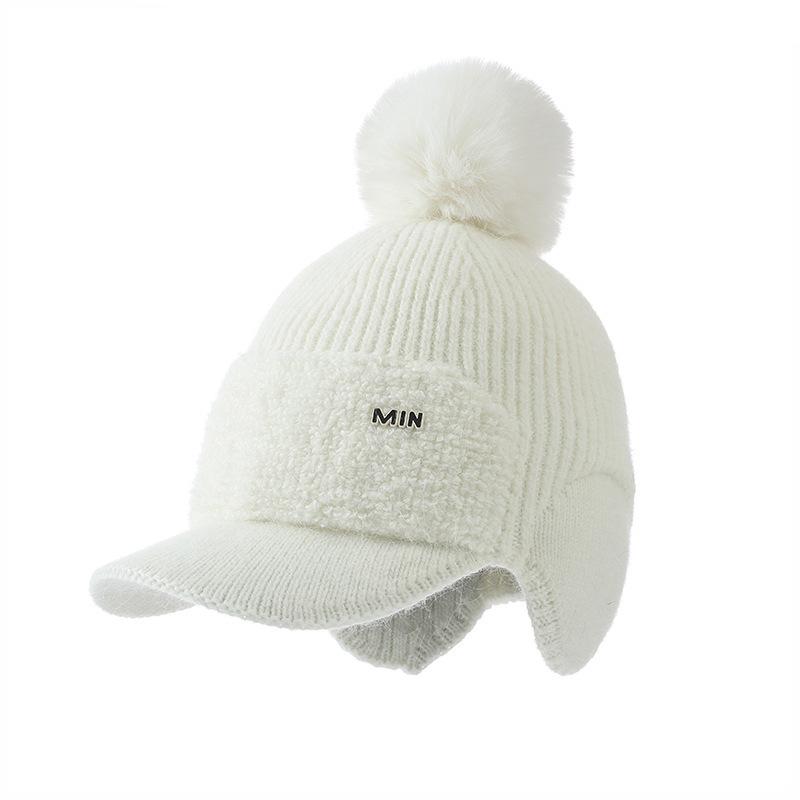 Knitted Wool Hat Women's Autumn and Winter Outdoor Cycling Windproof Hairball Hat Cold-proof Warm Fleece Ear Hat