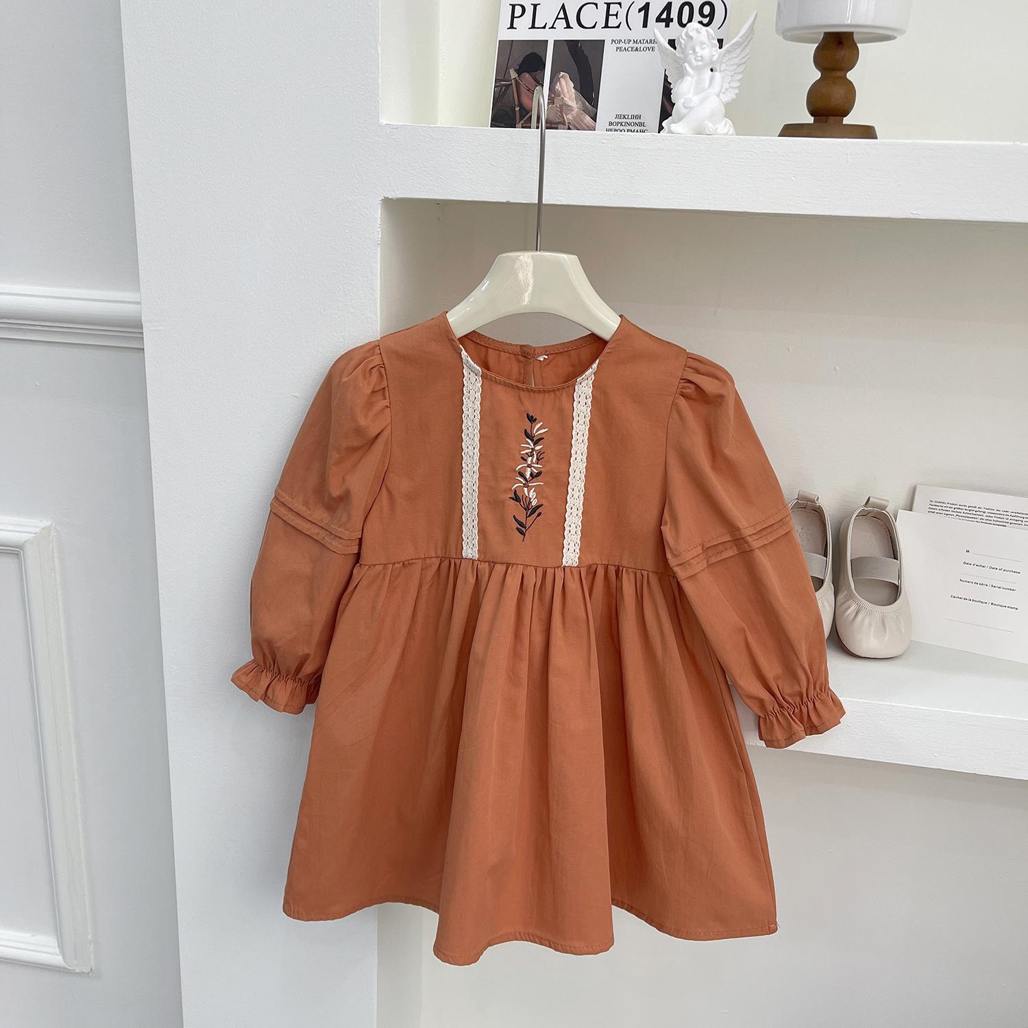 Girls Spring Autumn Long Sleeve Embroidered Dress Soft Loose Solid Cotton Princess Dress For Kids 90cm