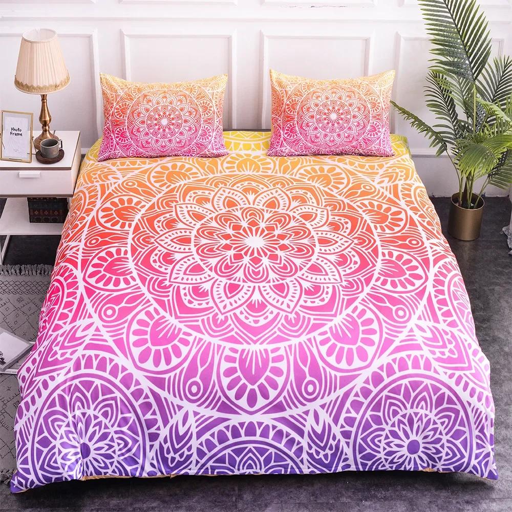 Mandala Dynetrekksett King Size Lotusblomst Blå Lilla Rosa Sengetøysett Bohemsk Mandala Stil Mykt Polyester Dynetrekk