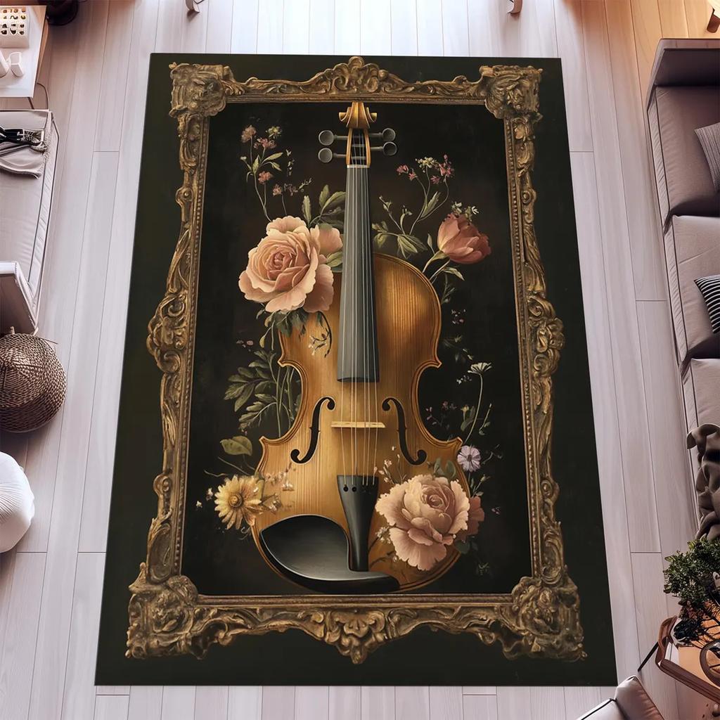 Tappeto con Stampa di Fiori per Chitarra Vintage per Soggiorno Comodino Camera da Letto Tappetino Vintage Ingresso Zerbino Tappeto Tappeto Grande