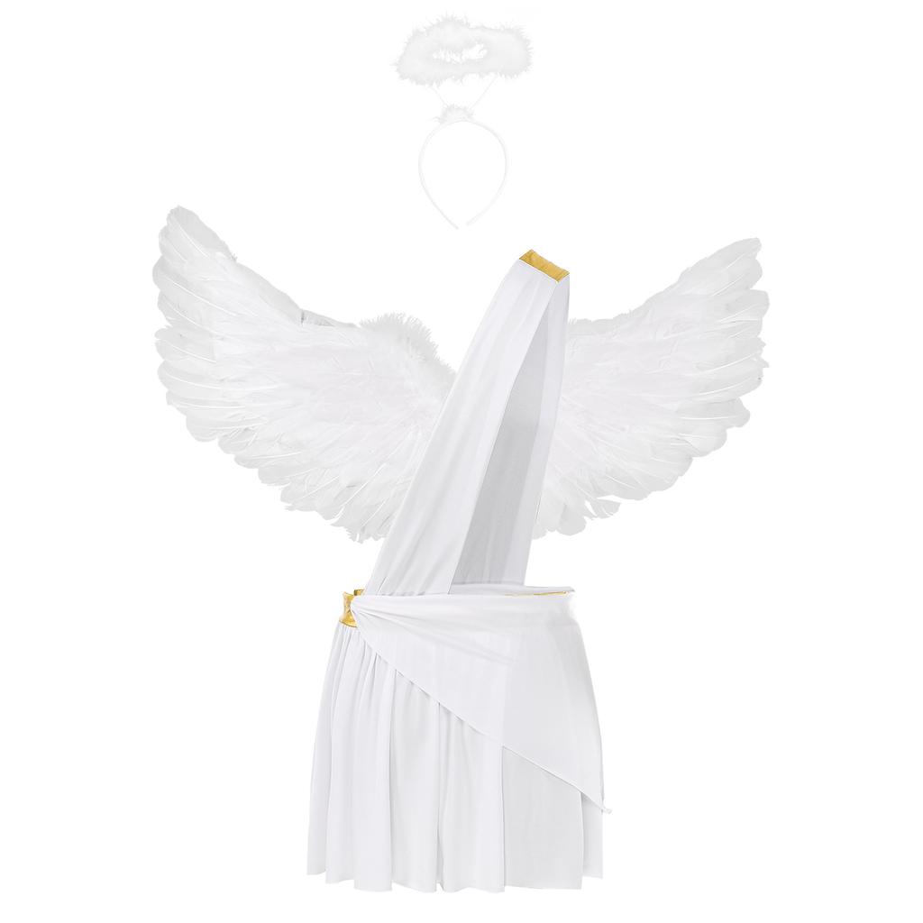 Mens Halloween Angel Costume One Shoulder Strap Ruffle Skirt Feather Angel Wings Hair Hoop Set