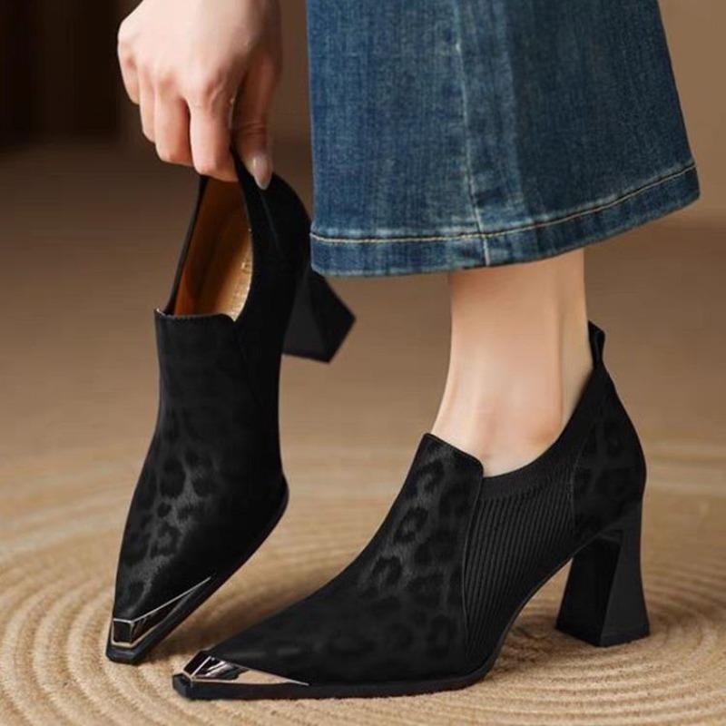 Fashion French High Heel Slip-on Single Shoes Pointed Toe Retro Small Leather Shoes Leopard Leather Shoes Block Heel Metal