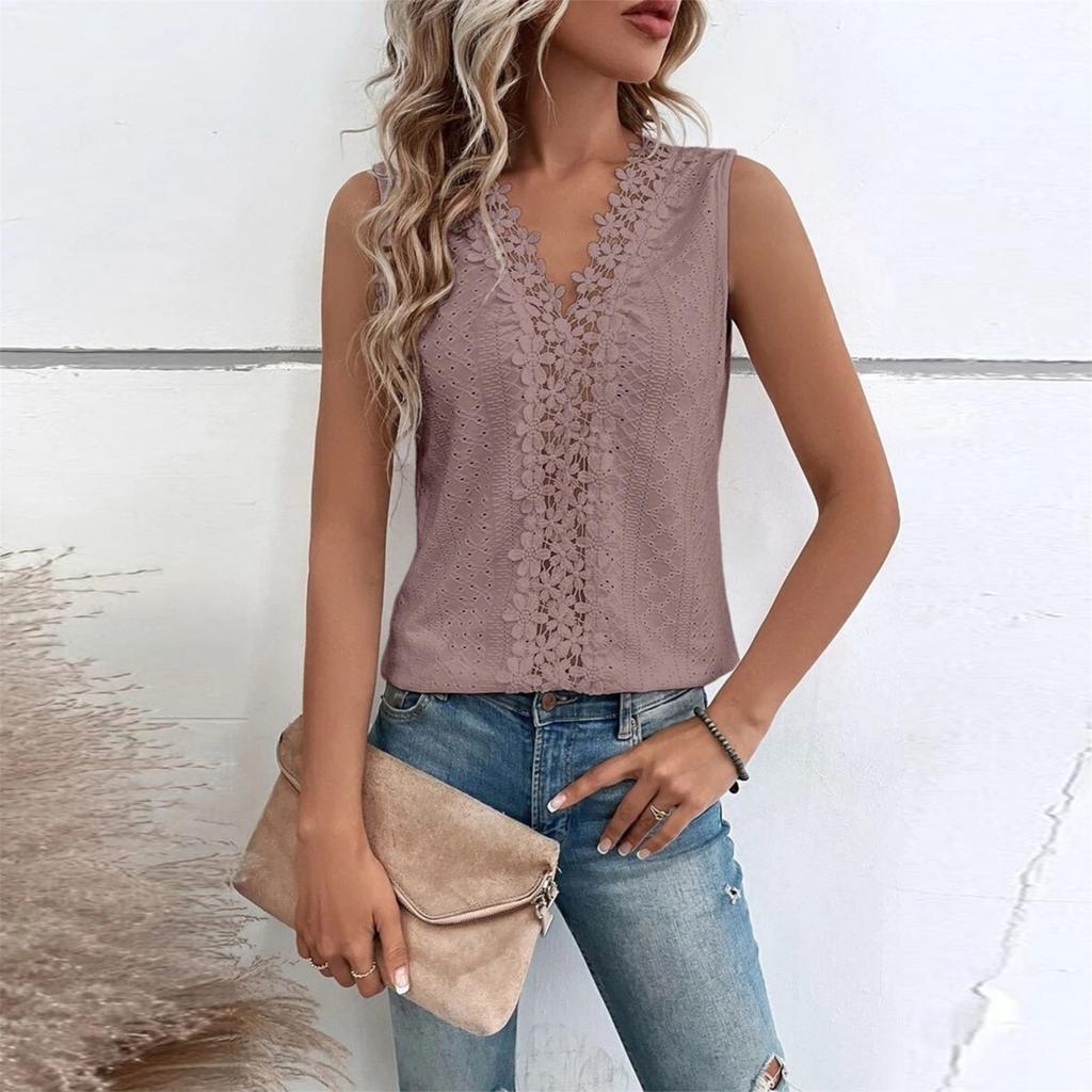 Women Lace Trim Tank Tops V Neck Fashion Casual Sleeveless Blouse Vest Shirts