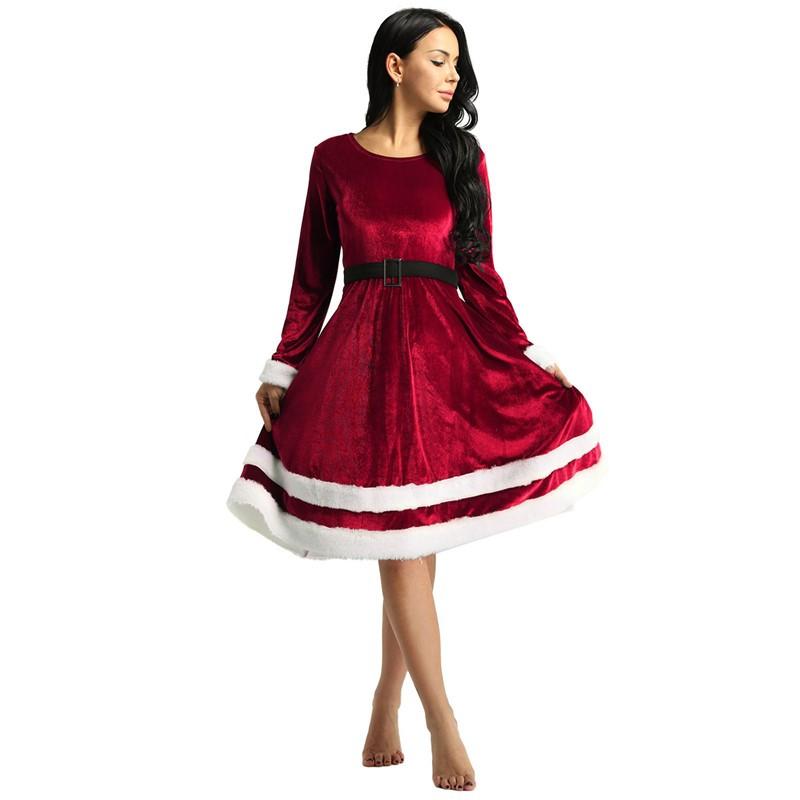 

Жіночий м який оксамитовий костюм місіс Санта-Клауса з довгими рукавами, дорослий різдвяний нарядний костюм L