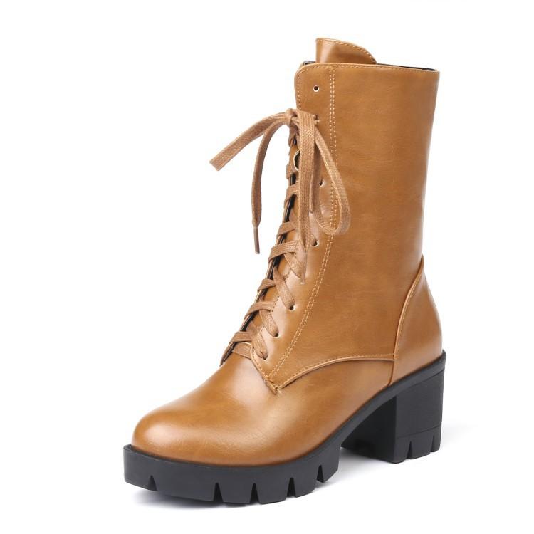 Autumn and Winter Medium Heel Coarse Heel Square Heel Boots Front Lace-Up Women's Boots  40-46