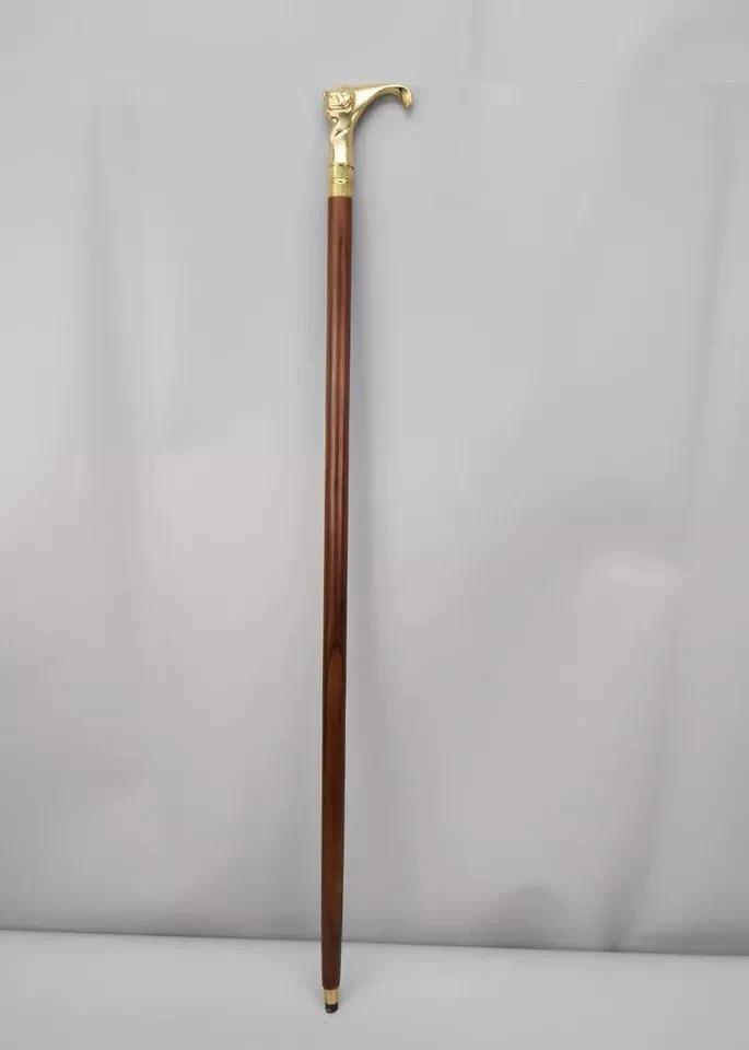 

walking stick, wooden cane, cat shaped handle, gold and brown, brass and wood золотой