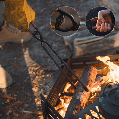 Outdoor Fireplace Tong with Faux Leather Handle Cover Carbon Steel Rustproof Heat Resistant Camping Campfire Firewood Log Grabber Clamp Tool