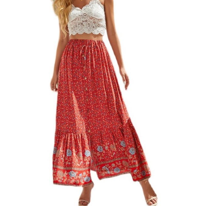 Ladies Fashion Bohemian Floral Split Pastoral Retro Vacation Swing Skirt