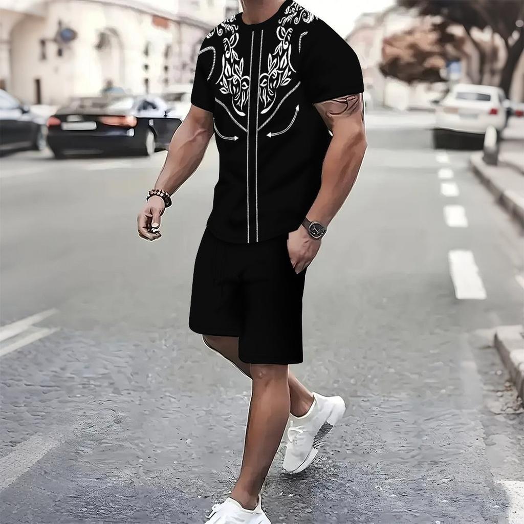 Herren 3D Seilgeflecht Muster Kurzarm T-Shirt und Passende Shorts Zweiteiliges Outfit