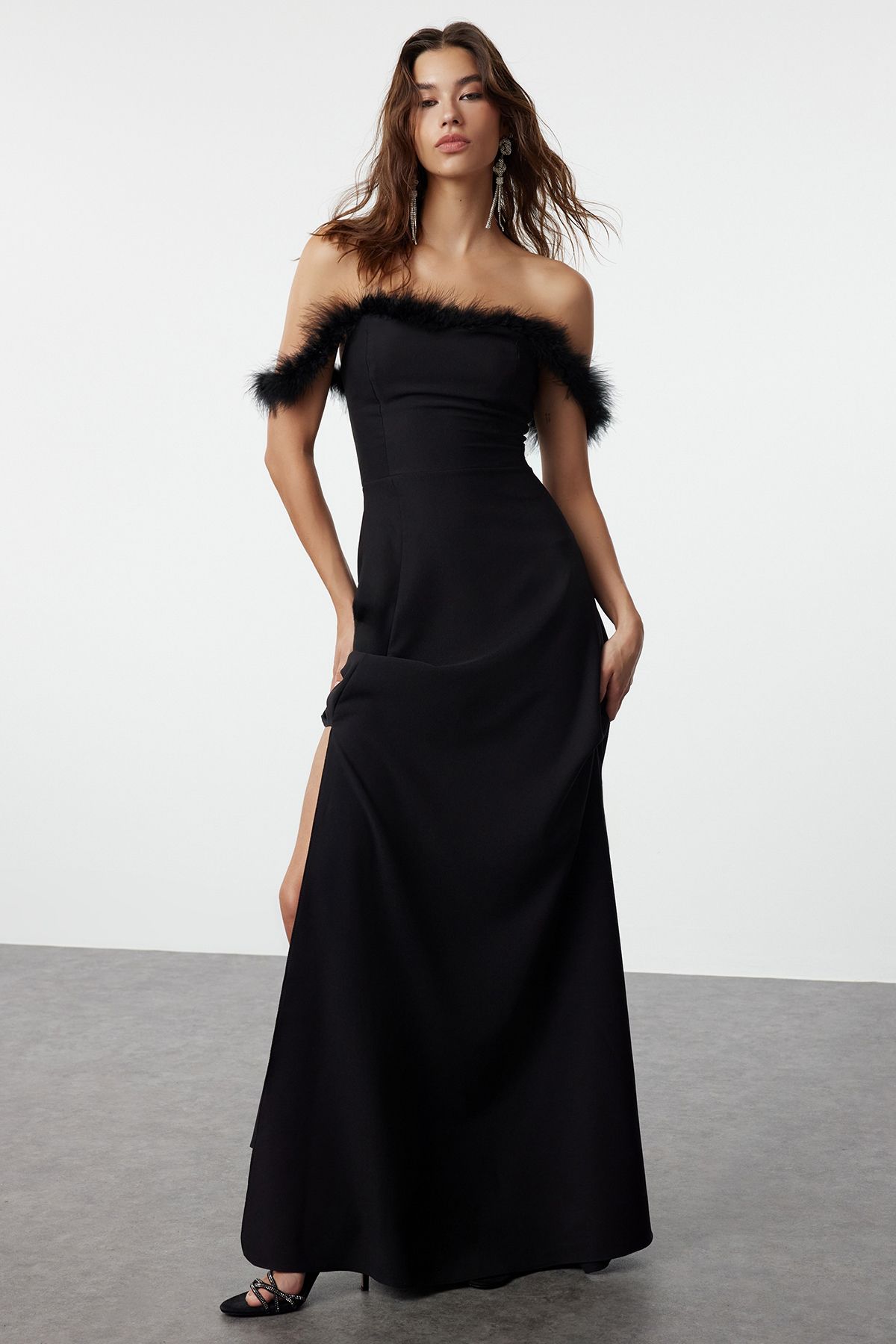 

Women s Fashion Black A-Cut Otriş Detailed Woven Long Evening Dress S