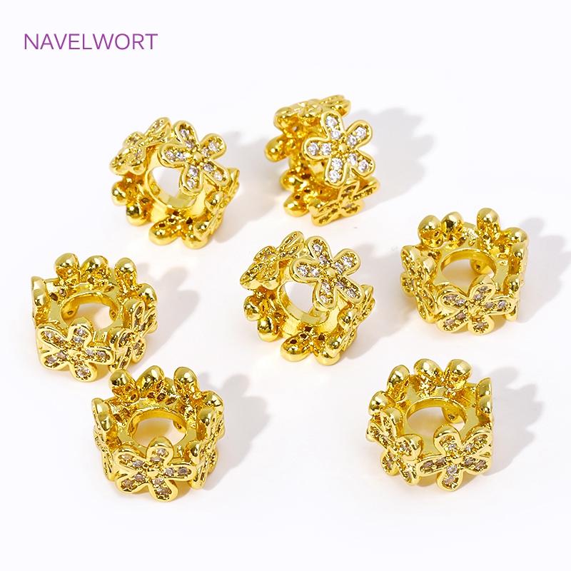 Wholesale 18K Gold Plated Inlaid Zircon Flowers Spacer Beads,Metal Large Hole Beads For DIY Jewelry Making Supplies Accessories