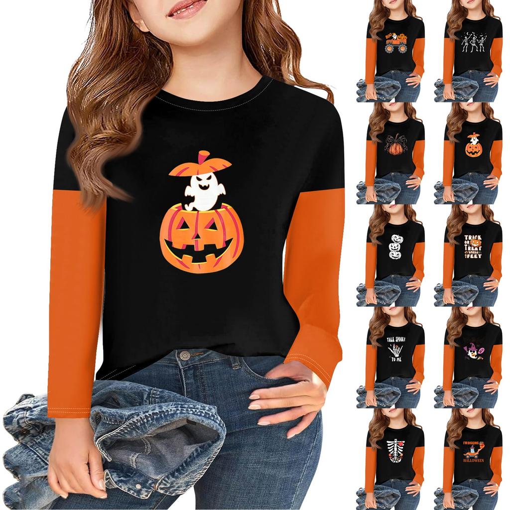 Girls Long Sleeve Halloween Day T Shirts Kids Fall Tops Crewneck Basic Tees 2-11Y