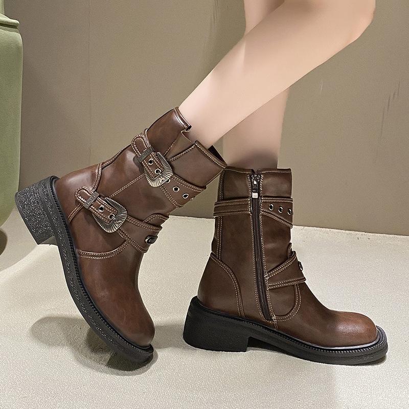 

Boots Maillard retro thick heel boots belt buckle Martin boots Zhao Zhaoyi spring and autumn western boots 40 коричневый