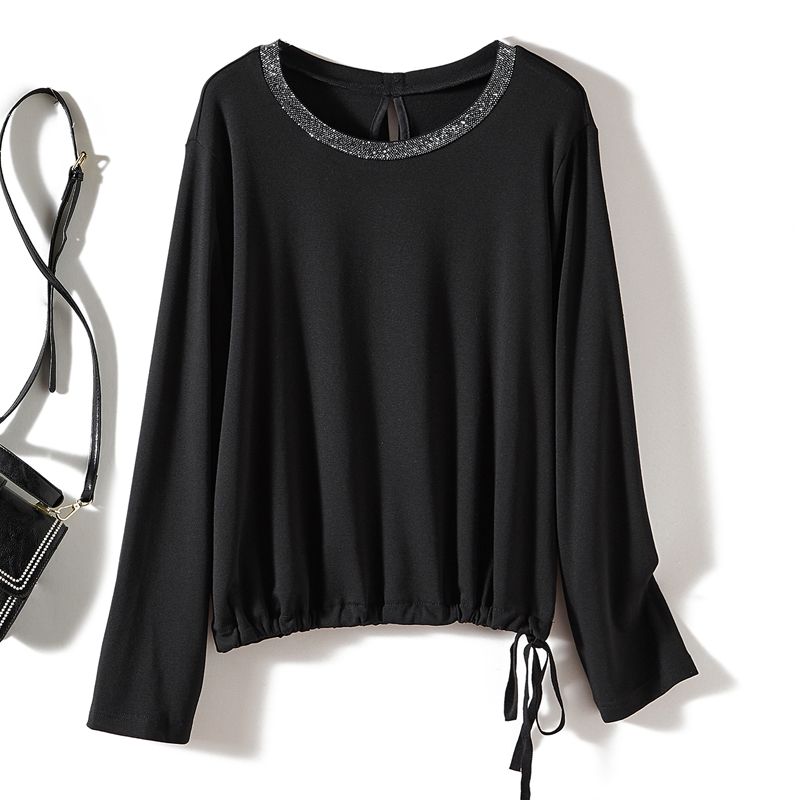

Genuine Goods Orders! Great Fire ~ Elastic Hem Women s Rhinestone round Neck Long Sleeves Woven Cotton Ribbon T-shirt Autumn and Winter Undershirt Black L