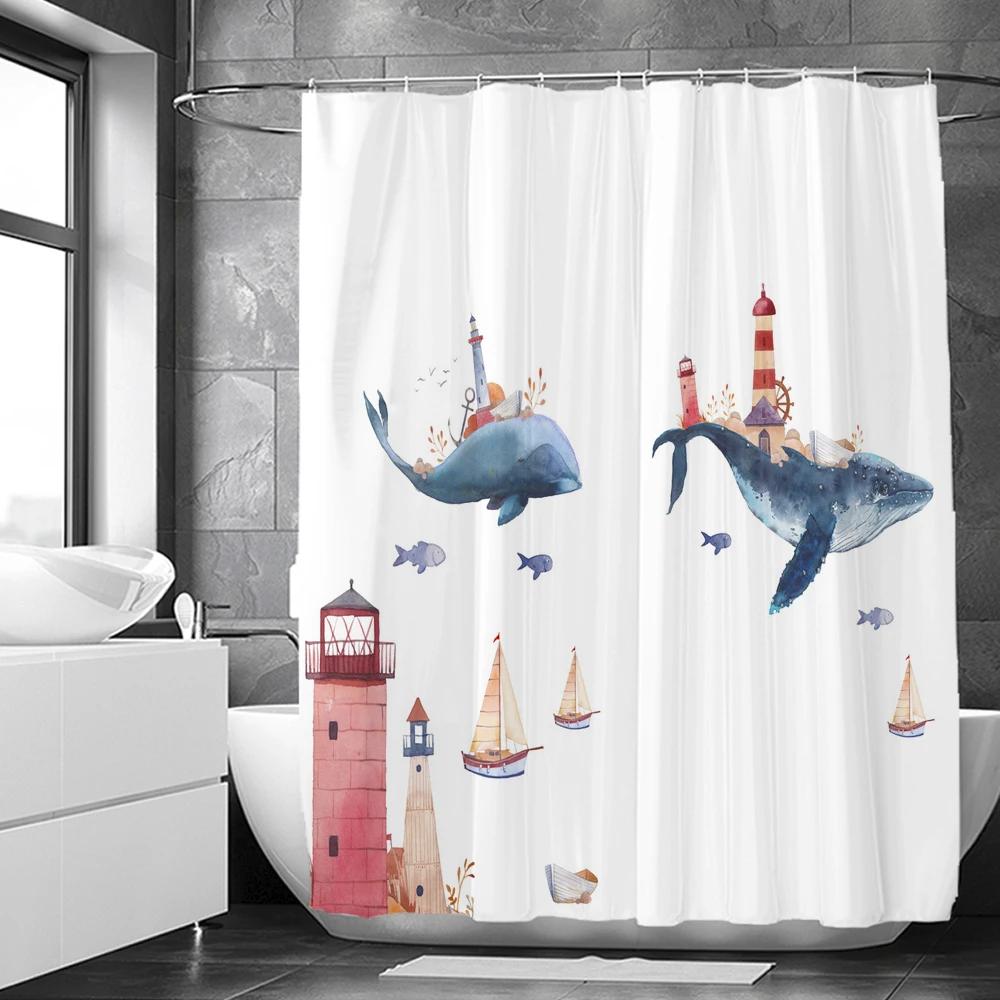 3D Bathroom Curtains Ocean Fish Jellyfish Shell Starfish Dolphin Anchor Shower Curtain Waterproof Fabric Cartoon Boy Bath Screen