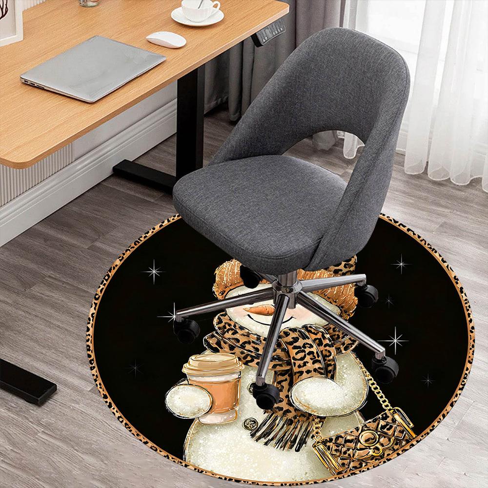 1 Stück Schneemann Leopardenmuster Büro Runder Teppich, Unter Bürostühlen Schlafzimmer Wohnzimmer Heimdekoration, Teppich für Büro -1110143