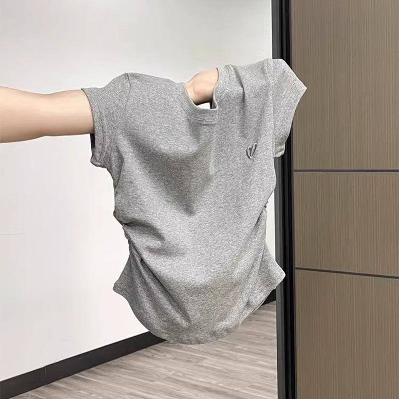 

Женская летняя модальная футболка с коротким рукавом, приталенная, с рюшами на талии, маленького размера Extra Large серый