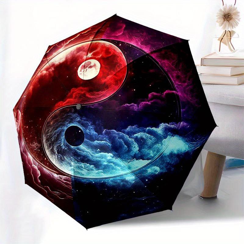 Yin Yang Cosmic Balance: Celestial Harmony Design Umbrella, Cute Umbrella with Cute Design, Portable 3-Fold Compact Umbrella for Men & Women, Valentin