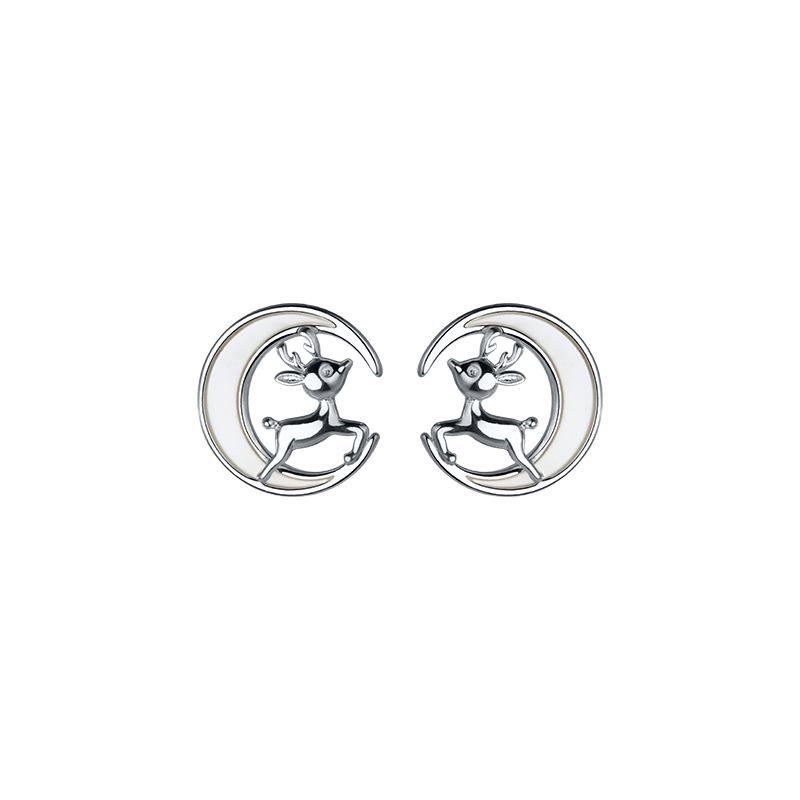 Christmas Reindeer Moon Stud Earrings: Women's Korean Simple Fashion, White Shell Design - Perfect Holiday Gift