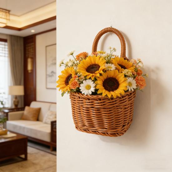 Handwoven Storage Basket Boho Hanging Basket with Handle Rustic Storage Basket for Flowers Fruits Vegetables Kitchen Produce