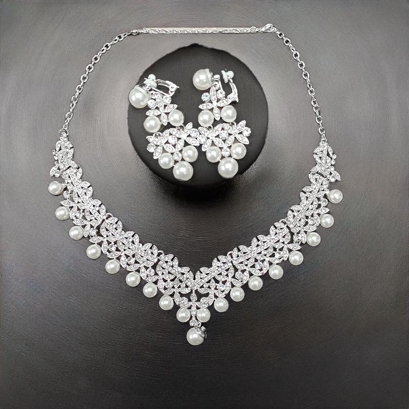 Luxury Silver Crystal Pearl Pendant Bridal Jewelry Elegant Water Diamond Banquet Party Ceremony Accessories Necklace Earring Set